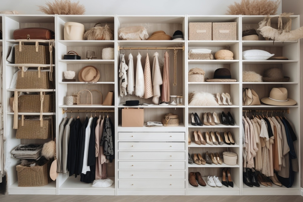 closet that is organized and neatly arranged with clothes, shoes, and accessories