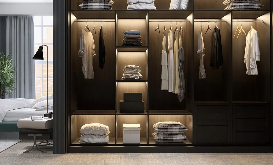 Modern, luxury brown wooden built in, walk in closet wardrobe